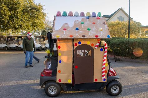 Made this for a Christmas golf cart parade. My husband made a base/frame for the roof out of 1x2s. Roof and gingerbread men made from 4x8 foam board insulation, painted. Gum drops on top of roof made from plastic flower pots (Lowes), spray painted, spray glued and rolled in epsom salts for the sugar coated look. Candy on the roof made from clear plastic 2 part ornaments spray painted and glued to roof. Walls and doors made from felt and used velcro command strips to attach to golf cart curtains. Gingerbread House Golf Cart Ideas, Gingerbread House Golf Cart, Gingerbread Golf Cart, Christmas Golf Cart, Golf Cart Parade, Foam Board Insulation, Parade Decorations, Golf Cart Decorations, Christmas Parade Floats