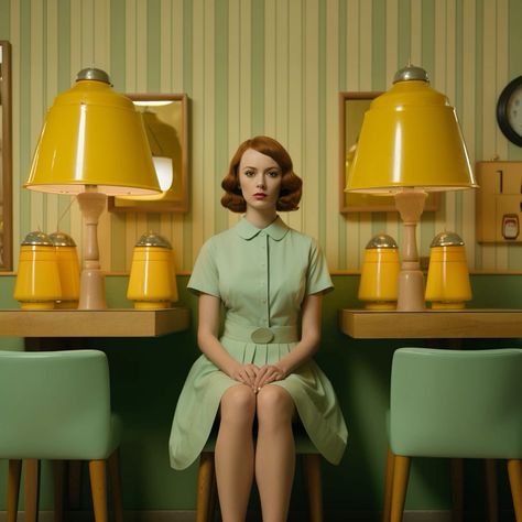 Wes Anderson Aesthetic Photoshoot, Wes Anderson Aesthetic Home Decor, Green Wes Anderson, Dark Wes Anderson Aesthetic, Wes Anderson Style Photoshoot, We Anderson Aesthetic, Wes Anderson Green, Wes Anderson Aesthetic Photography, Wes Anderson Kitchen