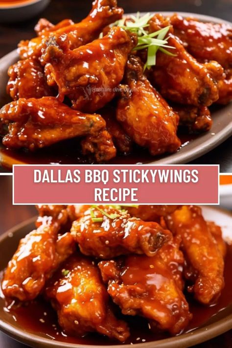 Dallas Bbq Sticky Wings Recipe, Sticky Wings Recipe, Dallas Bbq, Wings At Home, Sticky Wings, Southern Dishes, Wings Recipe, Spicy Dishes, Ginger And Honey