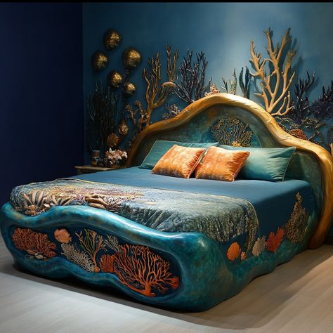 Step into a life of luxury and comfort with our coral reef inspired bed. Bring the ocean into the indoor and traverse the mighty sea with this lush bed. Bedroom Ideas Ocean Theme, Best Bedroom Ideas, Steampunk Coffee, Cozy English Cottage, Turquoise Bedding, Girls Room Colors, Fairy Bed, Whimsical Home Decor, Whimsical Bedroom