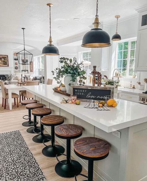 Farm House Bar Stools, Farm House Livingroom, Open Kitchen And Living Room, House Bar, Kitchen Island Decor, Kitchen Design Open, Farmhouse Kitchen Design, Rustic Farmhouse Kitchen, Gorgeous Kitchens