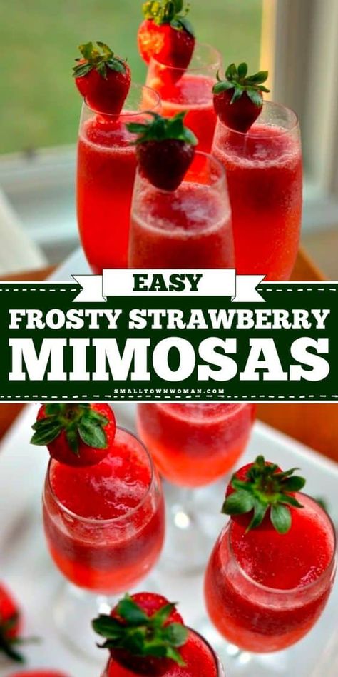 Learn how to make these Easy Frosty Strawberry Mimosas as a Mother's Day brunch recipe! This mimosa recipe has a sweet berry flavor and also makes the perfect Spring cocktail recipe. Save this pin! Prosecco Mimosa Recipe, Holiday Mimosas Recipe, Sweet Mimosa Recipe, Mommossas Bar, Winter Mimosa Recipe, Mother’s Day Themed Cocktails, Momosa Mimosa Recipe, Holiday Mimosa Recipe, Non Alcoholic Mimosa Recipe