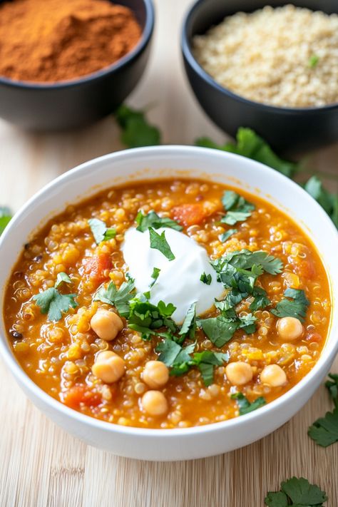 Warm up your day with a flavorful bowl of curried red lentil soup loaded with hearty chickpeas and nutty quinoa. This wholesome and nutrient-packed meal is perfect for satisfying your hunger and boosting your health. Try this delicious recipe today! Curried Red Lentil Soup, Red Lentil Chickpea Curry, Curry Spice Mix, Soup With Chickpeas, Soup Lovers, Lentils And Quinoa, Quinoa Kale, Chickpea Chili, Lentil Soup Recipes