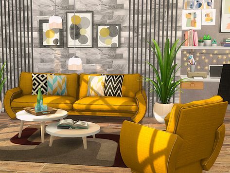 Sims 4 Cc Yellow Furniture, Yellow Living Room Furniture, Yellow Couch, Yellow Wall Decor, Yellow Cabinets, Yellow Armchair, Yellow Furniture, Cc Furniture, Sims 4 House Building