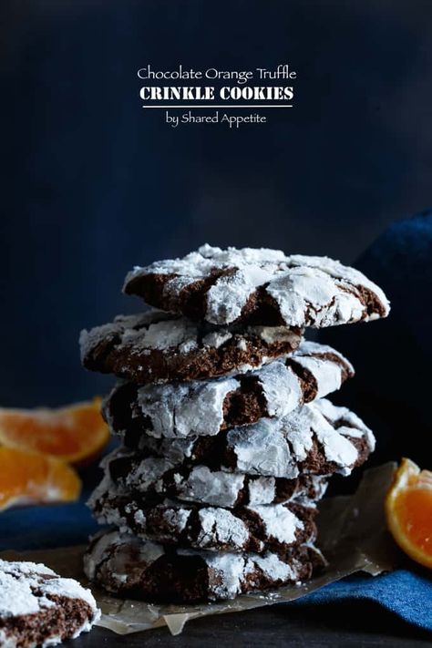 Chocolate Orange Truffle Crinkle Cookies - Shared Appetite Orange Crinkle Cookies, Marshmallow Whipped Cream, Cracker Chocolate, Truffle Cookies, Holiday Baking Recipes, Easy Christmas Cookie Recipes, Christmas Cookie Recipes, Christmas Cookies Easy, Crinkle Cookies