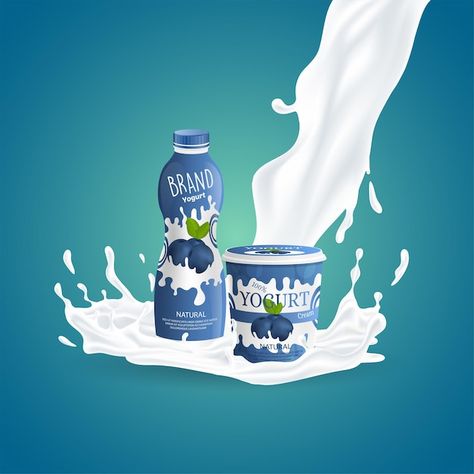 Yogurt Design, Bottle Packaging Design, Yogurt Milk, Milk Cream, Vanilla Yogurt, Vector Cartoon, Bottle Packaging, Dairy Milk, Blueberries