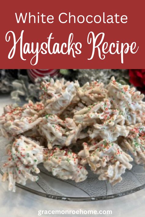 This yummy white chocolate haystacks recipe is so easy to make! It is the perfect holiday treat! Caramel Cashew Haystacks, Haystack Cookies No Bake, Chocolate Haystacks Recipe, White Chocolate Haystacks, Christmas Haystacks, Chocolate Haystacks, Haystacks Recipe, Pies Recipes, Sweet Potato Pies Recipes