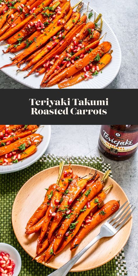 Teriyaki Takumi Glazed Carrots | All you need is 4 ingredients to cook up a quick and easy side dish for the holidays. Give oven-roasted carrots rich flavor by glazing them with Kikkoman® Teriyaki Takumi, Original, then dress the dish with pomegranate arils and chopped parsley. Pair these sweet and savory carrots with your favorite roasted entrées, from Apricot-Soy Glazed Turkey to Teriyaki Glazed Prime Rib. Find all your recipes for Thanksgiving and Christmas at KikkomanUSA.com. #Kikkoman Teriyaki Roasted Carrots, Teriyaki Carrots, Carrots With Balsamic Glaze, Oven Roasted Garlic Parmesan Carrots, Maple Roasted Carrots With Cranberries, Apricot Glazed Carrots, Sunday Roast Dinner, Oven Roasted Carrots, Glazed Carrots Recipe