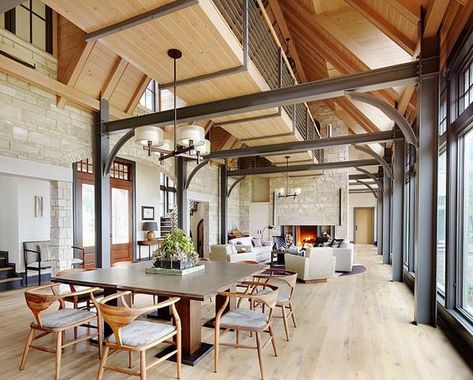 Lake House Retreat-Morgante Wilson Architects-04-1 Kindesign Neutral Dining Room, Steel Beam, Interior Minimalista, Steel Beams, Luxe Interiors, Exterior Stone, Exposed Beams, High Ceilings, Modern Exterior