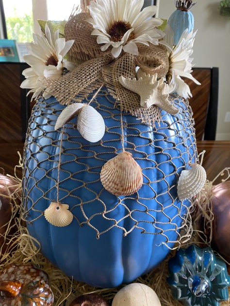 Beach Halloween, Coastal Creations, New York View, Coastal Fall, Blue Pumpkin, Coastal Holiday, Beach Crafts, Painted Pumpkins, Pumpkin Decorating