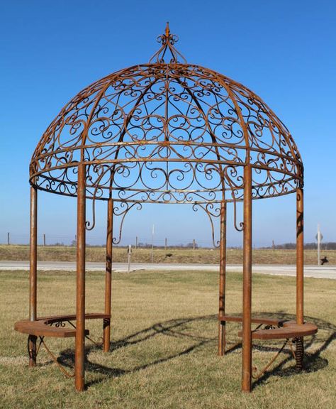 Grand Wrought Iron Large Gazebo w/ Seating Pergola Plans Roofs, Iron Pergola, Pergola Metal, Pergola Decorations, Gazebo Decorations, Garage Pergola, Large Gazebo, Rustic Pergola, Steel Pergola