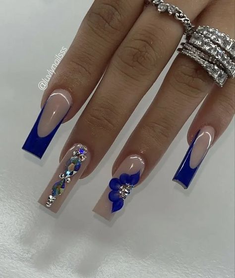 Prom Nail Ideas Royal Blue, Nail Ideas Royal Blue And Silver, Royal Blue Nails Designs For Prom, Royal Blue Nails For Prom Glitter, Coffin Acrylic Nails Navy Blue, Prom Nail Inspo Royal Blue, Royal Blue Long Nails With Design, Graduation Nails Royal Blue, Silver And Royal Blue Nails Prom