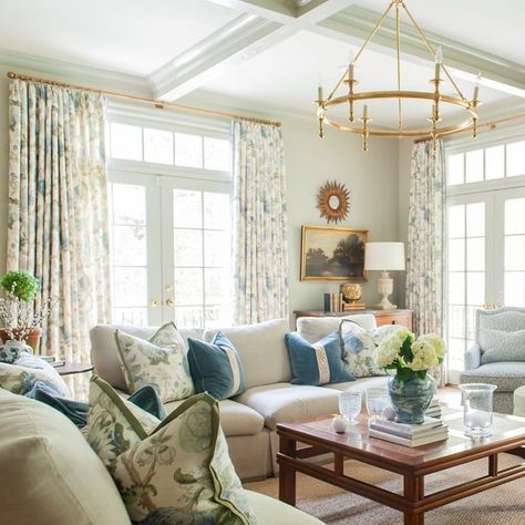 Thibaut Living Room, Formal Living Room No Fireplace, Family Room Design Traditional, One Kings Lane Living Room, Blue Green Family Room, Classic Style Living Room Decor, Blue Green Wood Living Room, Southern Living Family Room, Light Blue Green Living Room