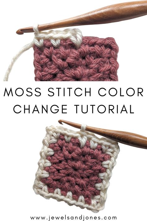 A crochet moss stitch square made with 2 different colors. Crochet Color Change Granny Square, Moss Stitch Square, Crochet Moss Stitch, Moss Stitch Crochet, Crochet Moss, Interesting Crochet, Crochet Circle Pattern, Change Colors In Crochet, Afghans Crochet