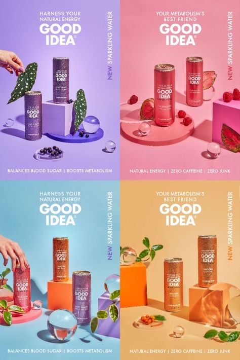 Harness your energy with GOOD IDEA, the new sparkling water that provides Natural Energy with Zero Caffeine and Zero junk. Desain Merek, Drinks Packaging Design, Water Branding, Food Graphic Design, Instagram Branding, Drinks Design, Lets Talk, Trik Fotografi, Sparkling Water