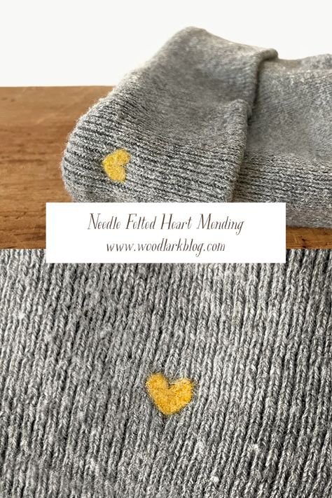 How to Mend a Hole With a Needle Felted Heart Patch - Woodlark Blog Patching Clothes With Embroidery, Patching Holes In Clothes, Mending Holes With Embroidery, Woodlark Blog, Embroidery Mending, Mending Stitches, Visible Mending Stitches, Creative Mending, Clothing Redo