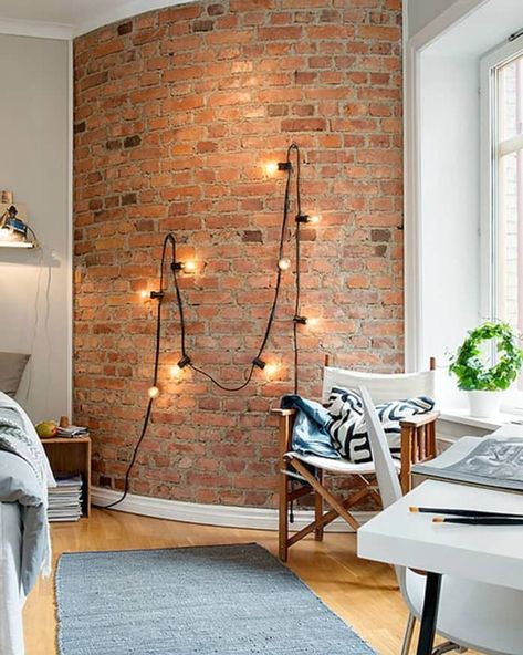 Edison Bulb String Lights Living Room, Bulb String Lights Living Room, String Lights Living Room, Lights Apartment, Room String Lights, Brick Wall Living Room, Dining Room Corner, Edison Bulb String Lights, Brick Interior Wall