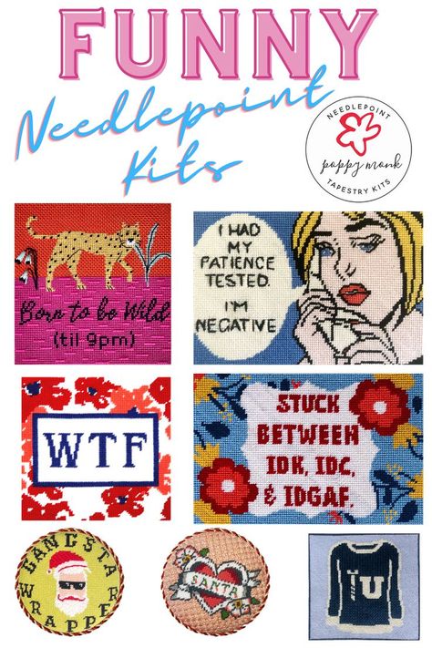 Subversive needlepoint designs for fun and laughter! #needlepoint #needlepointkits Needlepoint Quotes, Funny Needlepoint, Knitted Bunting, Modern Needlepoint, Grandma Crafts, Christmas Fonts Free, Word Pillow, Fabulous Quotes, Sewing Easy Diy