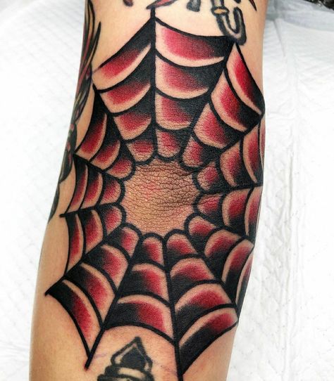 American Trad Spider Web, Traditional Tattoo Art Filler, Traditional Spider Web Tattoo Elbow, Old School Spider Web Tattoo, Traditional Web Tattoo, Web Tattoo Traditional, Traditional Spiderweb Tattoo, Web Traditional Tattoo, Old School Elbow Tattoo