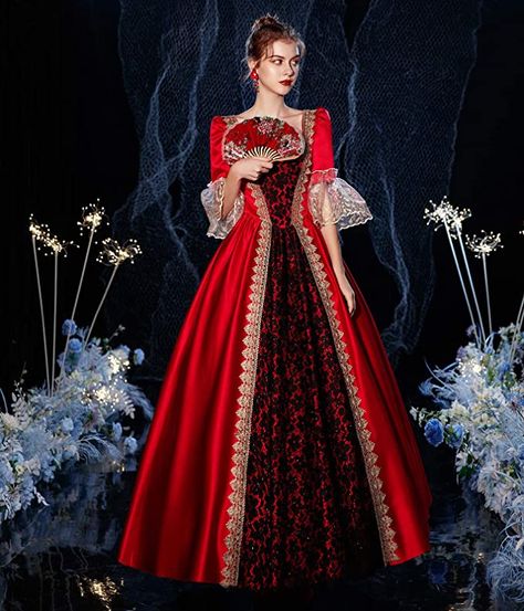 AmazonSmile: 18th Century Dress Red Baroque Dress Long Satin Rococo Party Dresses: Clothing Gothic Rococo, Victorian Dress Costume, Masquerade Party Dresses, Gothic Victorian Dresses, Era Victoria, Tudor Dress, Baroque Dress, Red Ball Gown, Princess Prom Dresses