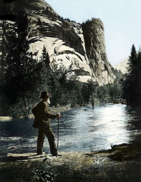 John Muir in Yosemite Valley  Hand-colored by Bennett Hall, California  Some say the damming of Hetch Hetchy killed Muir, who died in 1914, the year construction on the Dam began. Others say the Dam rescued the Valley from an even worse menace of progress: the automobile.    “Dam Hetch Hetchy! As well dam for water tanks the people’s cathedrals and churches, for no holier temple has ever been consecrated by the heart of man!” —John Muir John Muir Quotes Nature, Picture Story Prompts, American Wilderness, John Muir Quotes, Norwegian Wood, Nevada Mountains, Script Writing, American Legend, Sequoia National Park