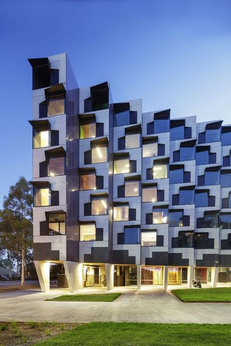 McBride Charles Ryan designs a distorted facade raised up over modernist colonnades Monash University Australia, Concrete Cladding, University Australia, Multifamily Housing, Residential Building Design, Monash University, Passive Design, Student House, Architecture Building Design