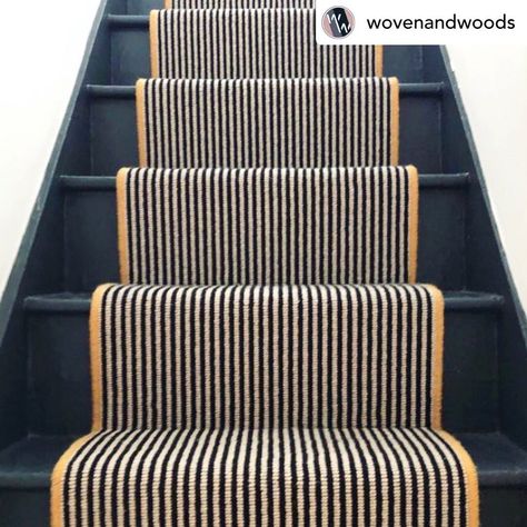 Dark Stair Carpet Ideas, Stair Runner Carpet Colorful, Dark Stairs Runner, Pinstripe Stair Runner, Brown Stair Runner, Dark Painted Stairs With Runner, Painted Staircase With Runner, Stair Carpets Ideas, Dark Painted Staircase