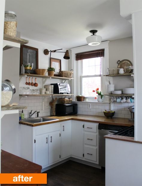 Before & After: A Brown & Tiny Kitchen Gets Brightened! | Apartment Therapy Budget Kitchen Remodel, Diy Kitchen Remodel, Dark Kitchen, Old Kitchen, Kitchen Remodeling Projects, Tiny Kitchen, Kitchen On A Budget, Kitchen Remodel Idea, Kitchen Makeover