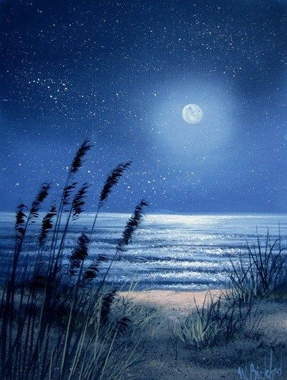 Artist: Wilson R. Bickford Painting On Canvas For Beginners, Bob Ross Paintings, Night Sky Painting, Painting Ocean, Canvas For Beginners, Painting Subjects, Moon Painting, Night Landscape, Sky Painting