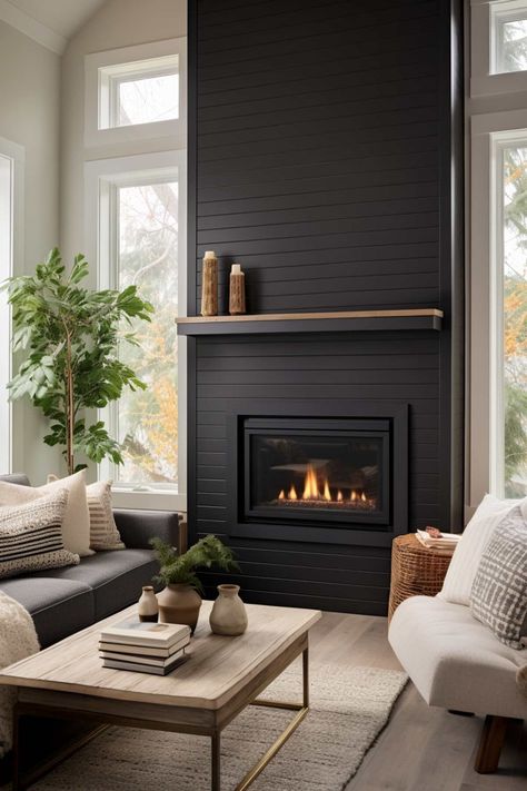 Floor To Ceiling Black Fireplace, Urban Bronze Fireplace Wall, Urbane Bronze Fireplace, Black Modern Fireplace, Black Fireplaces, Black Fireplace Wall, Two Story Fireplace, Black Fireplace, Living Room Design Ideas