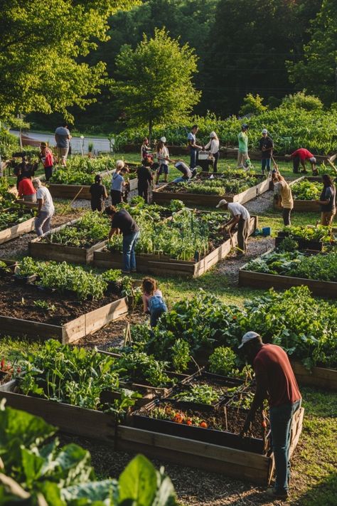 Discover the benefits of community gardens for healthier living and stronger communities! 🌿🌼 These green spaces offer fresh produce, promote social connections, and enhance local ecosystems. Dive into how these gardens foster sustainability and well-being for everyone involved. #CommunityGardens #UrbanFarming #SustainableLiving Community Garden Design Architecture, School Farm Design, Community Green Space, Community Garden Ideas, Community Garden Design, Community Project Ideas, Community Aesthetic, People Gardening, Agro Tourism