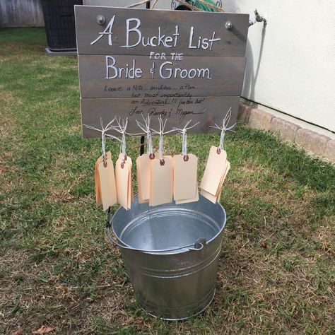 A Bucket List for a Bridal Shower or Wedding Reception from a deconstructed shipping pallet. Take a tag and give the new husband and wife some suggestions for their own"Bucket List"! Shipping Pallet, Country Wedding Inspiration, Country Wedding Decorations, Cute Wedding Ideas, Wedding Games, Couple Shower, Rustic Country Wedding, Marriage Ceremony, Wedding Themes