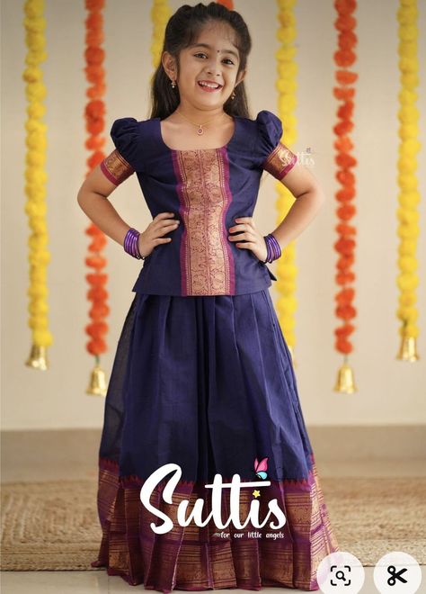 Pavadai Sattai Designs, Pattu Pavadai Designs, Pattu Pavada, Langa Blouse, Pavadai Sattai, Lace Blouse Design, Kids Party Wear Dresses, Pattu Pavadai, Kids Dress Collection