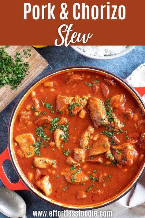 A rich and smoky pork and chorizo stew recipe, flavoured with aromatic oregano and smoked paprika. On the table in 30 minutes! Pork And Chorizo Recipes, Pulled Pork Stew, Chorizo And Bean Stew, Recipes With Pork, Recipes With Pork Chunks, Easy Sausage Casserole, Spanish Pork, Chorizo Stew, Pork Chorizo