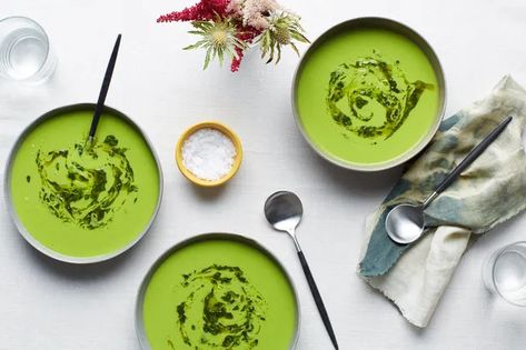 Cold Pea Soup with Herbed Oil Swirl recipe | Epicurious.com Cold Soup Recipes, Spring Appetizers, Chilled Soup, Beet Soup, Summer Soup, Green Soup, Pureed Soup, Cold Soup, Pea Recipes