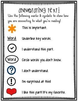 FOR KINDERGARTEN THROUGH SECOND GRADE  FOR GRADES 3-5 PLEASE SEE MY OTHER ANNOTATING HANDOUT LISTING.  This is a handout of an anchor chart that I use with my students to annotate their text during close reading with complex text. This should be taught first in a whole-group setting in order to thoroughly teach the symbols. Once students feel comfortable and understand the purpose and way to annotate, they can use this handout to help them annotate text independently, with partners, or in small Annotating Text Anchor Chart, Annotation Anchor Chart, Reading Annotation Key, Reading Anchor Chart, Annotating Text, Reading Kindergarten, Close Reading Strategies, Kindergarten Anchor Charts, Close Reading Passages