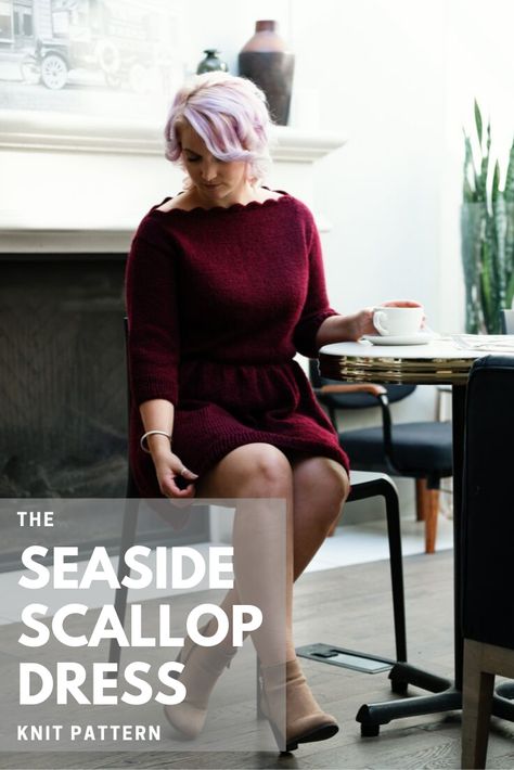 Knitatude knits. Knit patterns for the beginner garment newbie. Seaside Scallop knit dress, knit dress, knit fit and flare dress, scallop stitch Scallop Dress Pattern, Knitted Dress Pattern, Scallop Stitch, Knitting Dresses, Sweater Dress Pattern, Flare Dress Pattern, Fall Knits, Scallop Dress, Designer Knitting Patterns