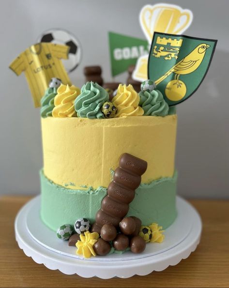 A triple layer chocolate cake, covered in Yellow and Green buttercream, in the theme of Nowich city. Topped of with different chocolates Green And Yellow Cake, Triple Layer Chocolate Cake, Green Buttercream, Layer Chocolate Cake, Green Cake, Norwich City, Yellow Cake, Yellow And Green, Chocolate Cake