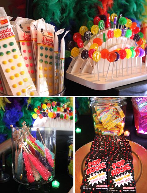 80′s Themed Candy Bar! {Real Party!} 80s Candy Bar Ideas, 80s Party Candy Table, Retro Candy Bar, 80s Desserts, 80s Candy Table, 80s Food Ideas, 80s Party Decorations For Adults, 80s Candy, 80s Prom Party