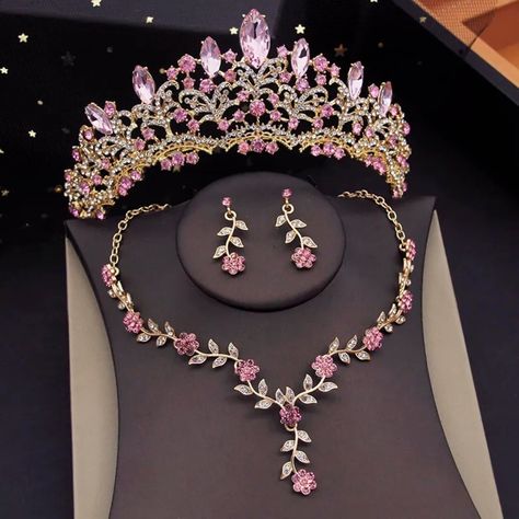 Purple Jewelry Set, Quinceanera Pink, Pink Gold Necklace, Quinceanera Crown, Bridal Crown Tiara, Pink Quince, Pink Jewelry Set, Gold Necklace Wedding, Purple Crown