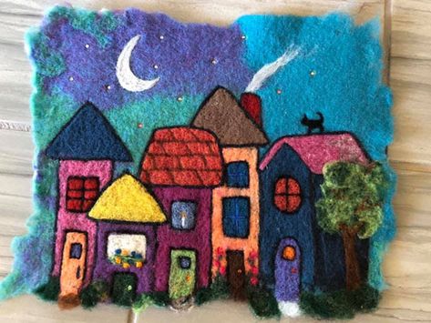 Tovad Ull, Cluster House, Colorful Cottage, Felt Wall Hanging, Felt House, Town Houses, Felt Wall, House Pictures, Needle Felting Diy