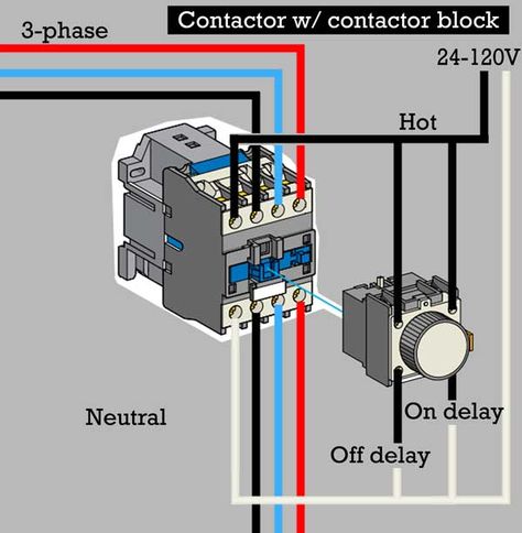 How to wire contactor block delay timer/ http://waterheatertimer.org/How-to-wire-contactor-block.html Contactor Wiring Diagram, Electrical Engineering Projects, Basic Electrical Wiring, Home Electrical Wiring, Electrical Circuit Diagram, Electrical Diagram, House Wiring, Electrical Wiring Diagram, Electrical Panel