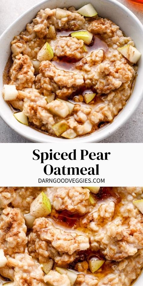 Oatmeal Pear Recipes, Pear Overnight Oats Healthy, Spiced Pear Oatmeal, Breakfast Ideas With Pears, Breakfast With Pears, Winter Healthy Breakfast, Pear Breakfast Recipes Healthy, Oatmeal Prep For The Week, Whole Food Recipes Breakfast