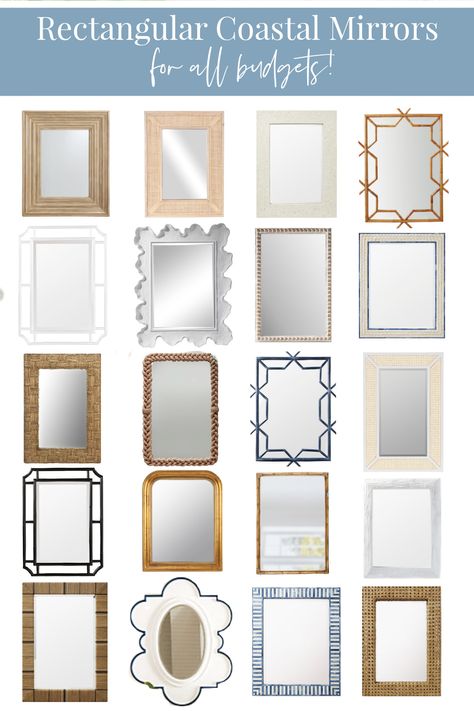 Nautical Bathroom Vanity Mirrors, Coastal Powder Room Mirror, White Coastal Mirror, White Framed Mirror Bathroom, Bathroom Mirror Coastal, Coastal Bathroom Mirrors Master Bath, Coastal Powder Room Ideas Half Baths, Coastal Mirrors Bedroom, Powder Room Mirrors Ideas