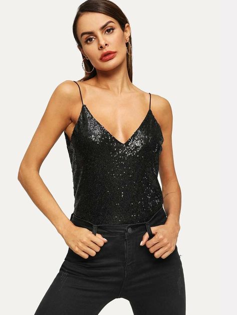 Sequin Detail Spaghetti Strap Cami Top for Sale Australia| New Collection Online| SHEIN Australia Sequin Cami Top, Black Cami Top, Black Camis, Sequin Tank, Plain Tops, Halter Tops, Sequin Tank Tops, Cropped Cami, Cami Crop Top