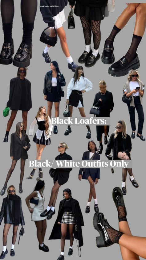 Black Loafers : Black/ White outfits only Cute Black And White Outfits, Outfits With Loafers, Black Loafers Outfit, Loafer Outfits, Black And White Outfits, Black White Outfit, Cute Black And White, Black Loafers, White Outfits