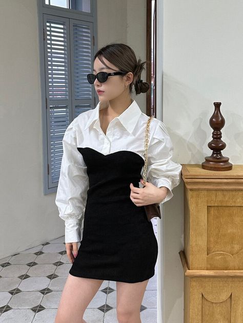 Korean Black And White Outfit, Black Dress With White Shirt, Millionaire Outfit, Black Dress White Shirt, Channel Aesthetic, 2 In 1 Dress, Channel Outfits, Colorblock Shirt, White Party Outfit