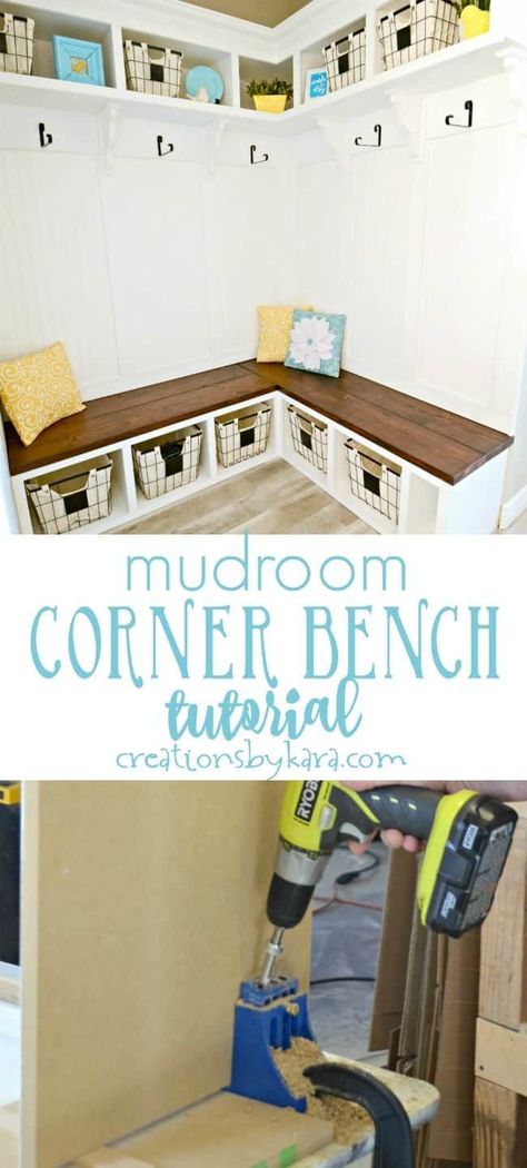 Mudroom Corner Bench Tutorial - step by step instructions for building a corner bench. #cornerbench #mudroombench #diybench Mudroom Corner, Corner Bench With Storage, Corner Bench Seating, Mudroom Bench Ideas, Nook Bench, Diy Mudroom, Bench Mudroom, Storage Bench Seating, Mudroom Bench Plans