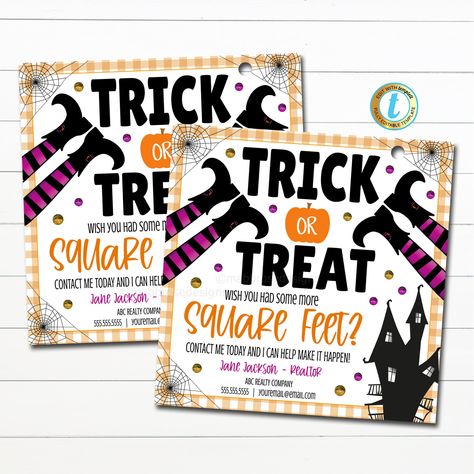 Realtor Halloween Treat Bags, Halloween Real Estate Marketing Ideas, Fall Pop Bys Real Estate, Halloween Real Estate, Pop By, Marketing Gifts, Business Connections, Realtor Marketing, Tag Print