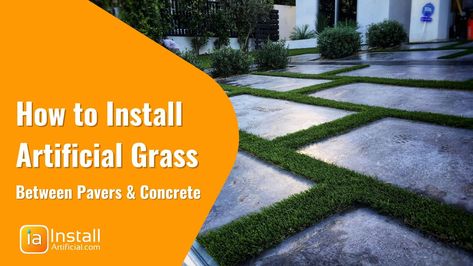 Artificial turf between pavers installation guide. See step-by-step instructions for installing artificial grass strips in between concrete slabs. Turf Between Pavers, Laying Artificial Grass, Pet Turf, Fake Turf, Turf Installation, How To Install Pavers, Synthetic Lawn, Artificial Grass Installation, Lawn Alternatives